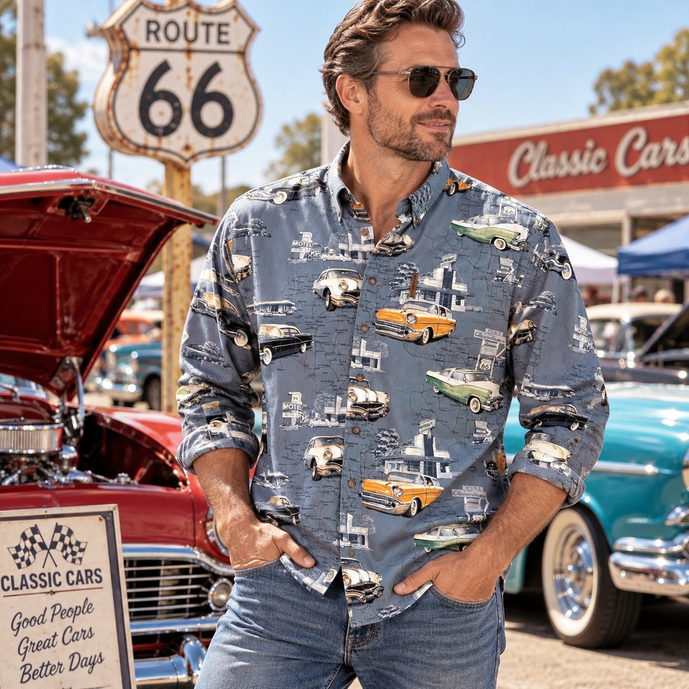 Clearwater Outfitters Mens Route 66 Classic Cars Button Up Shirt Sz L Car Show